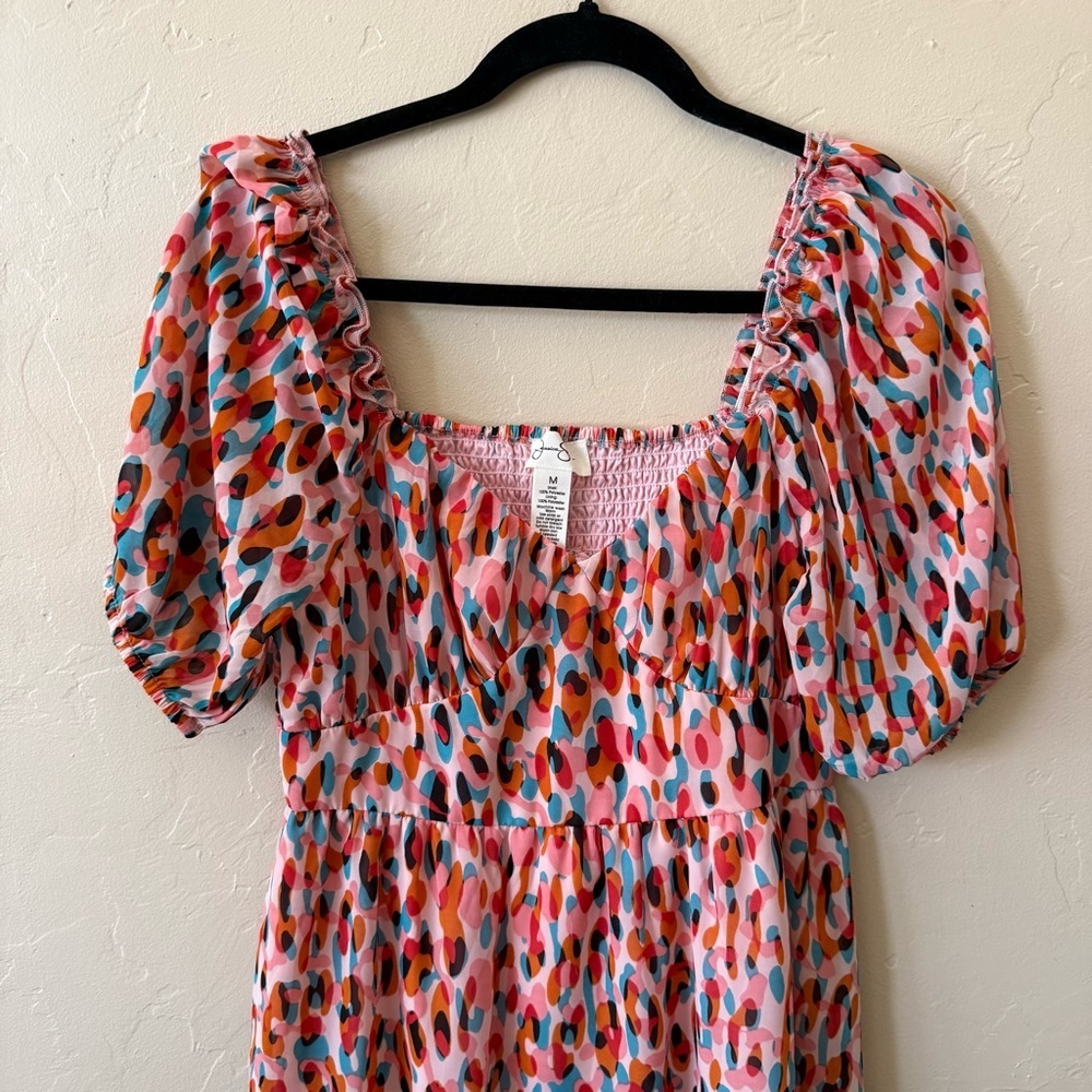 Jessica Simpson Abstract Leopard Print Puff Sleeve Mini Dress Size Medium - Picture 3 of 7